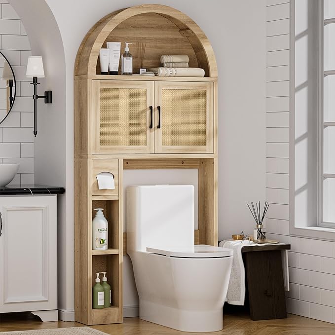 Spurgehom Over The Toilet Storage Cabinet, Bathroom Shelf Organizer Freestanding, Bathroom Arch Cabinet Over Toilet with Toilet Paper Holder and Anti-Tipping Device (Wood & Wicker Door)