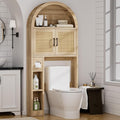 Spurgehom Over The Toilet Storage Cabinet, Bathroom Shelf Organizer Freestanding, Bathroom Arch Cabinet Over Toilet with Toilet Paper Holder and Anti-Tipping Device (Wood & Wicker Door)