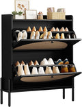 IRONCK Shoe Cabinet Storage with 2 Flip Drawers, Free Standing Wooden Shoe Storage Organizer Cabinet with Rattan Doors for Entryway, Narrow Shoe Rack Cabinet, Black