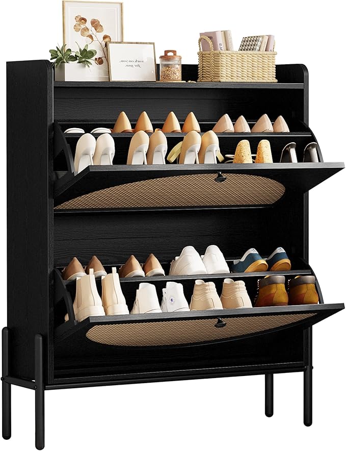 IRONCK Shoe Cabinet Storage with 2 Flip Drawers, Free Standing Wooden Shoe Storage Organizer Cabinet with Rattan Doors for Entryway, Narrow Shoe Rack Cabinet, Black