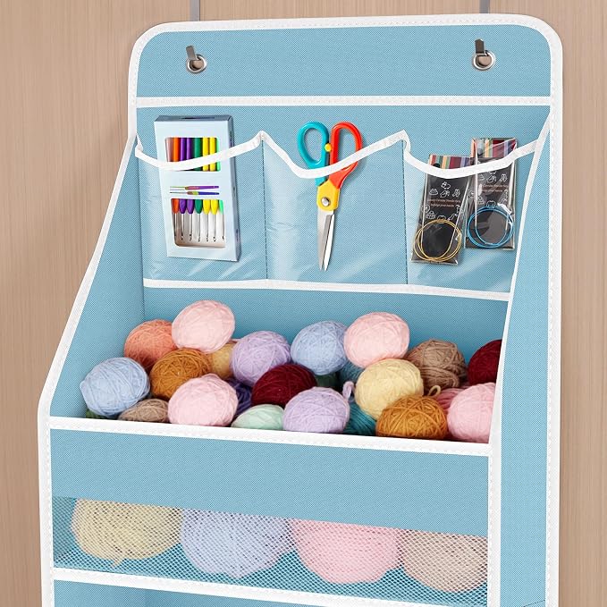 Univivi 5-Shelf Fabric Door Storage Over Door Hanging Organizer with 4 Large Pockets and 3 Small PVC Pockets Nursery Closet Cabinet Wall Mount Hanging Storage Organizers for Baby Nursery (Blue)