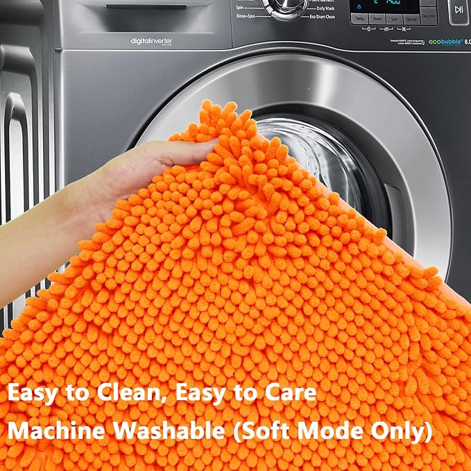Bathroom Rugs Chenille 3-Piece Extra Soft and Absorbent Shag Bathroom Rugs, Machine Wash Mat, Strong PVC Non-Slip Underside, Plush Carpet Mats (Orange)