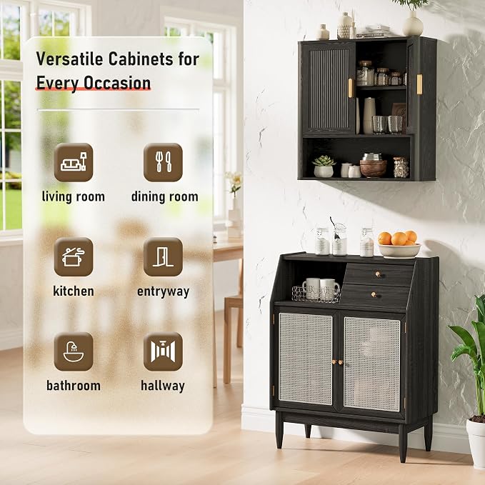 INNOD Bathroom Wall Cabinet, Wall-Mounted Medicine Cabinet with Adjustable Wood Shelf & Doors, Floating Bathroom Cabinet Over Toilet for Laundry Room & Kitchen & Living Room (Black)