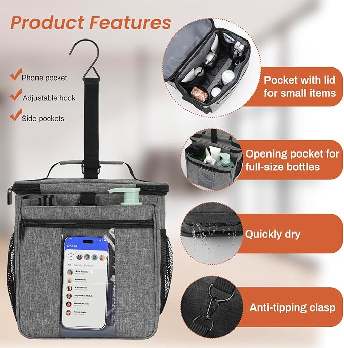 Shower Caddy Portable Quick Dry Mesh Dorm Shower Bag Men Women 2 Compartment College Dorm Room Essentials for Guys Girls,Hanging Shower Organizer for Camping Gym,Gray