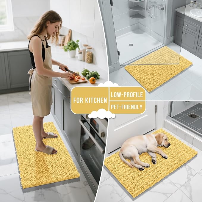 Yimobra Long Bathroom Rugs Non Slip Washable 44x24 Inch - Ultra Soft Absorbent Chenille Bath Mat, Quick Dry Shaggy Floor Carpet for Tub Shower, Yellow Home Decor Accessories