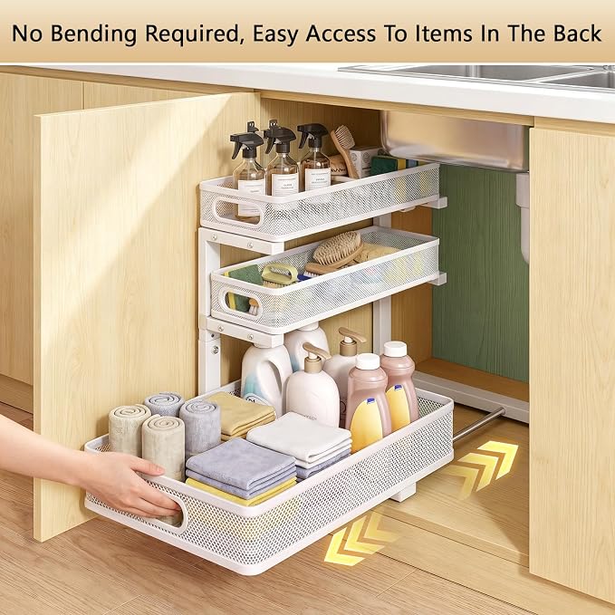 Under Sink Organizer, 3-tier Under Sink Storage Organizer Adjustable Height Easy Assembly Pull Out Cabinet Organizers Basket for Bathroom Kitchen Pantry Home Organization