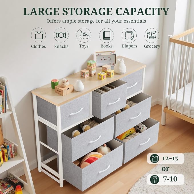 7-Drawer Dresser for Bedroom, Anti-Tip Wide Storage Organizer Fabric Chest of Drawers TV Stand for 45" TV with Wooden Top and Metal Frame for Closet, Living Room, Hallway, Entryway, Light Gray