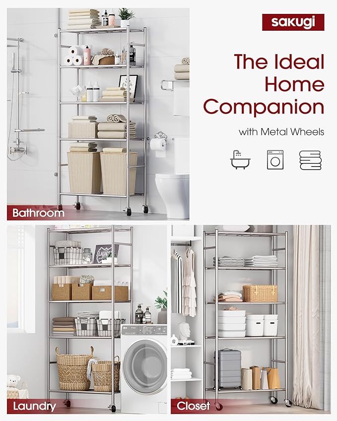 Sakugi Storage Shelves Organizer - 5 Tier Metal Shelf Organizer with Metal Wheels and Adjustable Leveling Feet, Heavy Duty Garage Shelving for Kitchen, Pantry and Closet, 33.1"x12.6"x73.5", Sliver