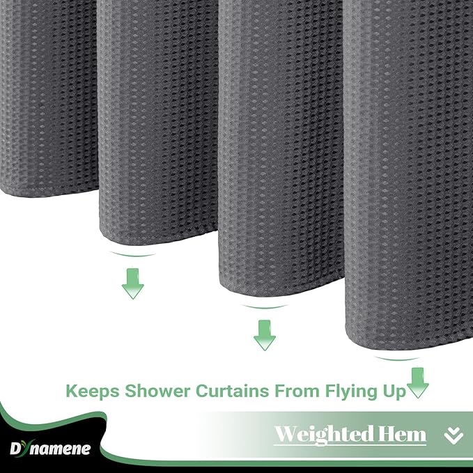 Dynamene Extra Long Shower Curtain, 84 Inch Long Waffle Fabric Shower Curtain for Bathroom, Tall Waterproof Cloth Shower Curtain Set with Hook, Snap in Liner, Mesh Top Window, Charcoal Grey, 72x84