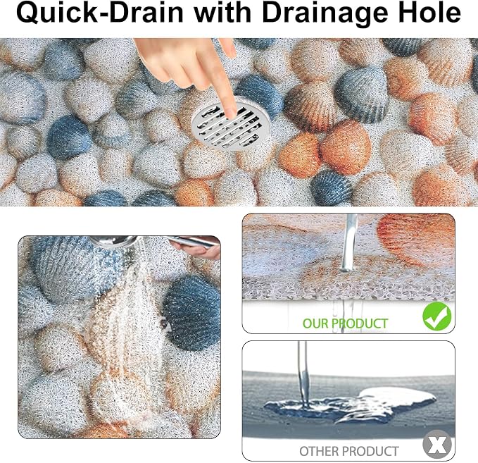 Square Shower Mat, Yonala 27 x 27 Inch Stylish Non Slip Shower Mats for Inside Shower with Central Drain Hole, Soft Trimmable PVC Loofah Anti Slip Shower Mat for Walk in Shower Stall, Quick Drying