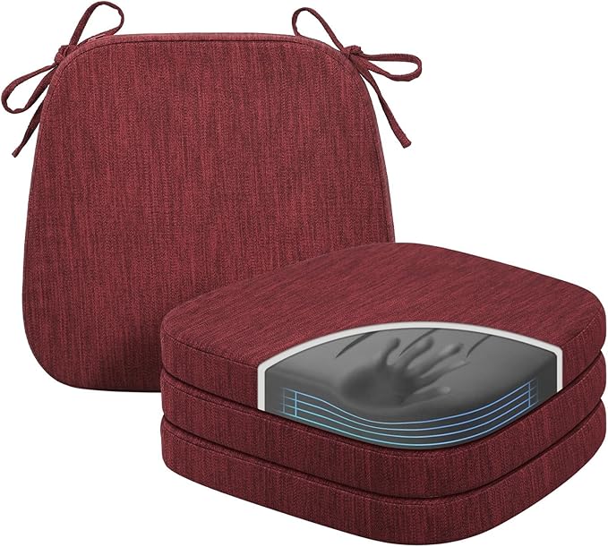 baibu Kitchen Chair Cushions Set of 4, Dual-Layer Patented Design Memory Foam Dining Chair Pads with Ties and Washable Cover, 4 Pack, 17" x 16" x 2", Wine Red