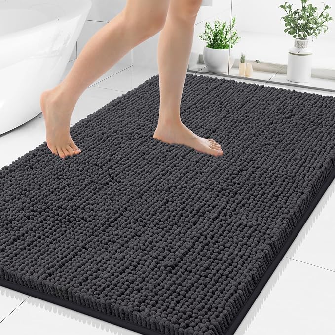 Smiry Luxury Chenille Bathroom Rugs 44x32, Extra Soft and Absorbent Shaggy Bath Mat, Machine Washable, Non-Slip Plush Carpet Runner for Tub, Shower, and Floor, Home Decor Accessories, Charcoal Grey