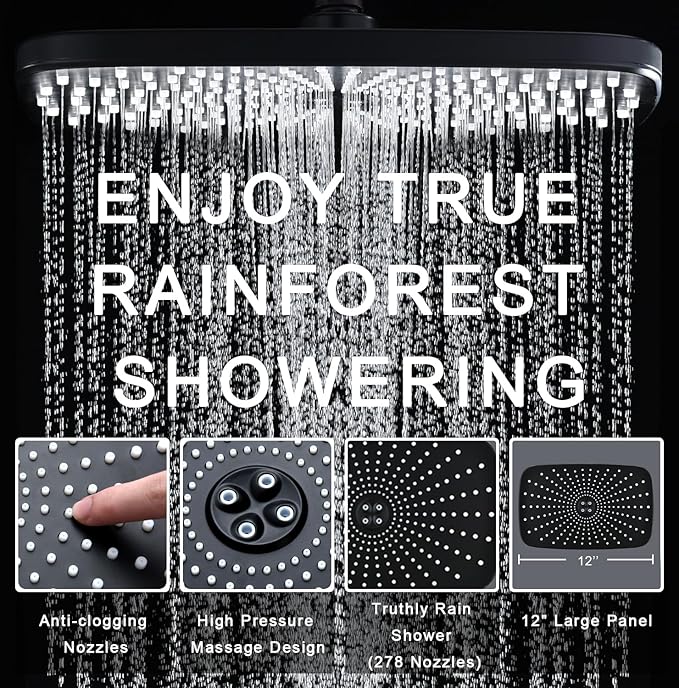 BOZYBO Rain Shower Head with Handheld: High Pressure Shower Heads with Handheld Spray Combo, 12" Rainfall Shower Head and 9 Sprays Hand Showerheads with Magnetic Docking and Power Jets, Black