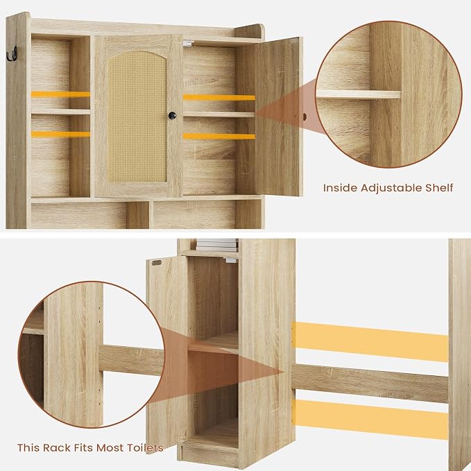 Itaar Over The Toilet Storage Cabinet, Farmhouse Rattan Bathroom Cabinet, Over Toilet Bathroom Organizer with Rattan Barn Doors & Toilet Paper Holder Stand, for Restroom, Laundry, Rattan Oak