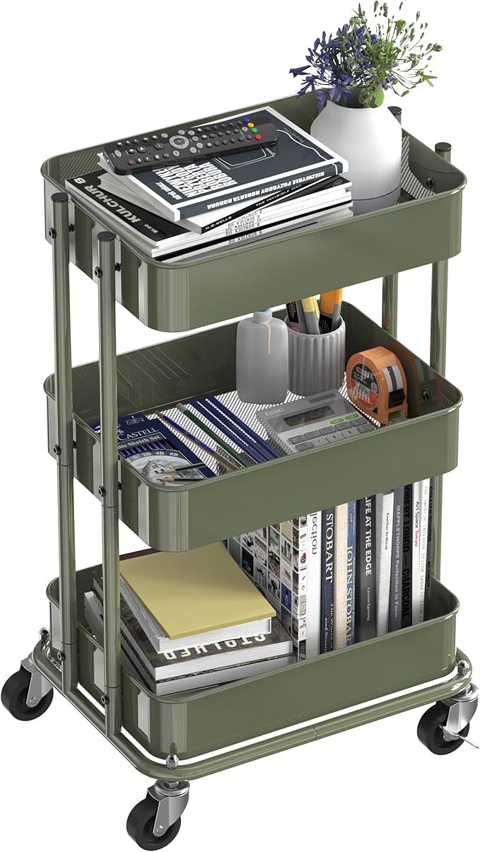 Simple Houseware 3-Tier Compact Utility Rolling Cart, Low 24” Height Fits Under Desk, Space-Saving Storage for Home Office, Dining Room, or Kitchen, Army Green