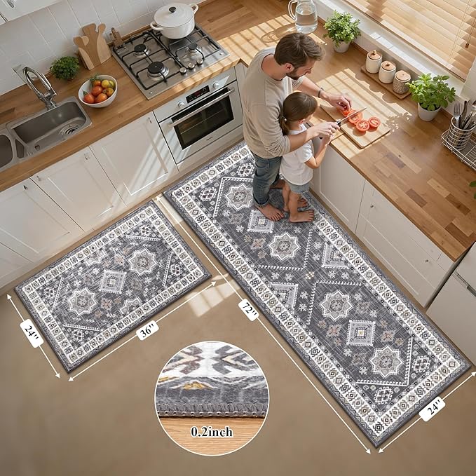 HEBE Boho Kitchen Rugs Sets of 2, Non Slip Washable Kitchen Mats for Floor, Farmhouse Kitchen Carpet Runner Rug Set for Sink, Stove, Laundry Room & Hallway