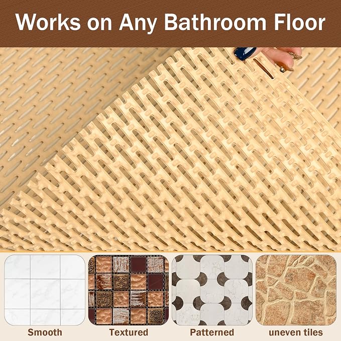 Bathroom Non Slip Shower Mat, Khaki 24x16 Inch Bathtub Mat, Non Slip Bathroom Mat for Elderly and Kids, Easy to Dry, Fast-Dry Drainage Hole, Easy to Prune
