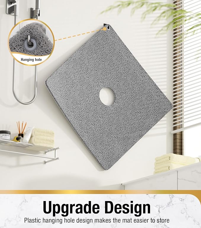 HITSLAM Shower Mat, 24x24 Inch Square Non Slip Bathtub Mat, Soft PVC Loofah Bath Mat for Tub with Hanging Holes, Quick Drying Shower Floor Mat, Without Suction Cups, Grey
