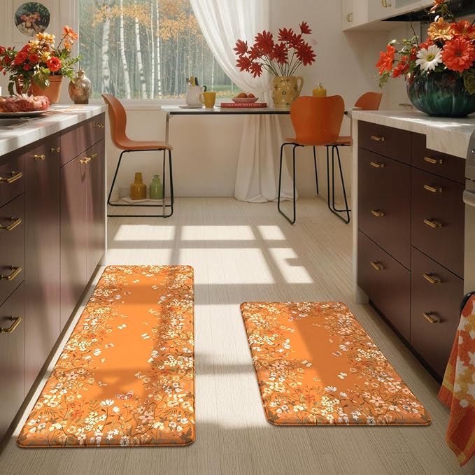 KIMODE Fall Kitchen Mats Cushioned Anti Fatigue, Orange Farmhouse Kitchen Rugs Sets of 2, Halloween Kitchen Mats for Floor, Padded Kitchen Floor Mats for Sink Laundry Office Desk 20"x47"+20"x32"