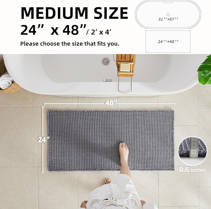 TYUU Waffle Bath Mat, Boho Bathroom Rugs Non Slip Washable Super Absorbent Quick Dry Bath Mat Farmhouse Bathroom Decor, 48"x24" Grey