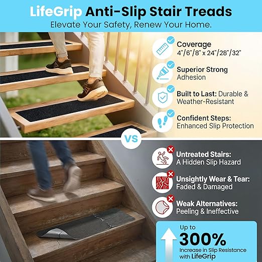 LifeGrip Outdoor Stair Treads Non-Slip 12 Pack, 6"X30" Waterproof Grip Tape for Wooden Steps, Deck, Porch - 80-Grit Adhesive Strips for Dogs, Kids & Elderly Safety