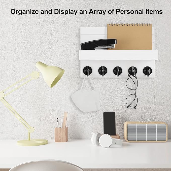Lwenki Key Holder for Wall, Decorative Key and Mail Holder with Shelf Has Large Key Hooks for Bags, Coats, Umbrella – Paulownia Wood Key Hanger with Mounting Hardware (9.8”W x 6.7”H x 4.2”D)