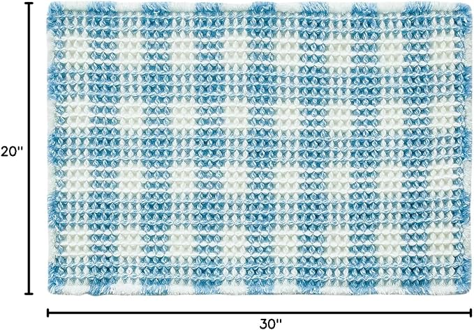 TYUU Waffle Bath Mat, Boho Bathroom Rugs Non Slip Washable Absorbent Checkered Bathroom Mat Quick Dry Cute Bath Mat, 30"x20" Blue and White