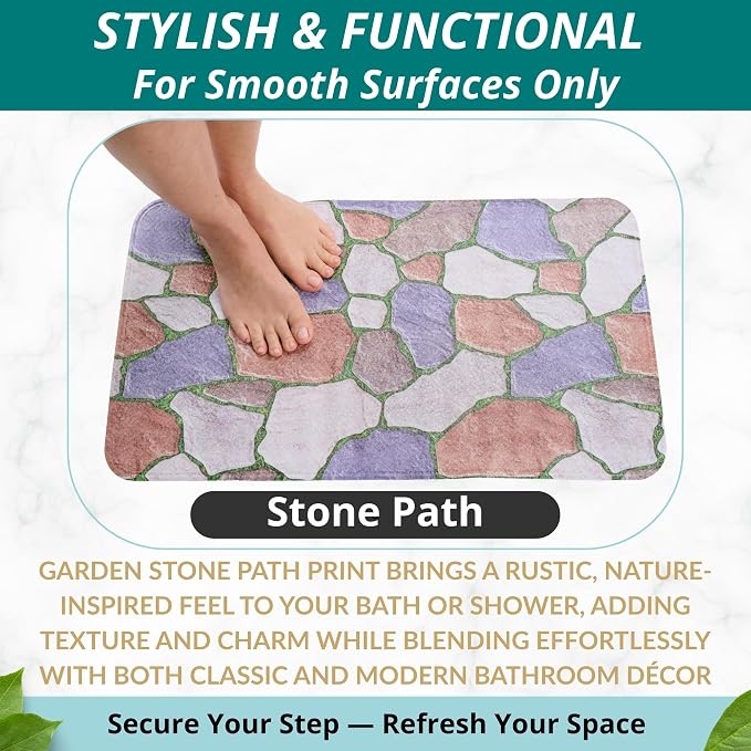 ENKOSI Non Slip Shower Mat – Bath Mat for Tub and Shower Floors – Anti Slip Bathtub Mat with Strong Suction Cup Grip – Unique Design Soft Bathroom Mat for Inside Baths and Showers (28x16 Stone Path)