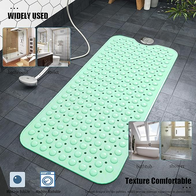 Bathtub and Shower Mats, Extra Long Non-Slip Bath Mat 39 x 16 Inch, Machine Washable Bath Tub Mat with Suction Cups & Drain Holes for Bathroom, Green