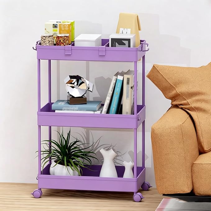 SPACELEAD Slim Storage Cart 3 Tier,Bathroom Organizer Rolling Utility,Mobile Shelving Unit Slide Out for Office, Kitchen, Laundry Room & Narrow Places,Purple