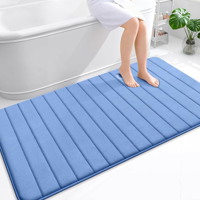 OLANLY Memory Foam Bath Mat 59x35, Super Soft Absorbent Bathroom Rugs, Quick Dry, Machine Washable Shower Floor Rugs, Bathmat Carpet, Bathroom Home Decor Accessories, Cornflower Blue