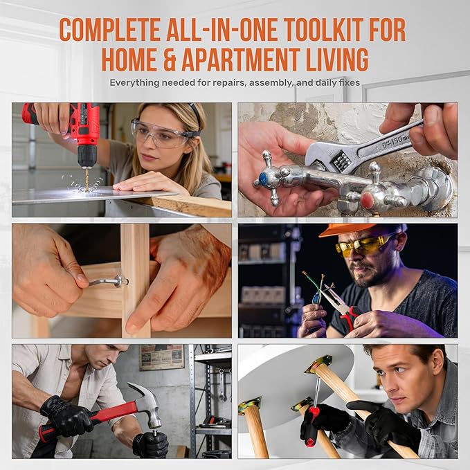 Hi-Spec Tool Set with 8V Cordless Drill Set. Complete DIY Tool Kit with USB Rechargeable Electric Drill Driver for Women and Men, Home Repair & Maintenance, in a Compact Toolbox.