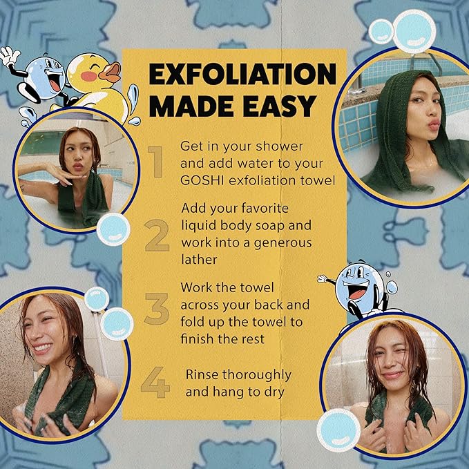 GOSHI Exfoliating Shower Towel - Long Body Scrubber for Back Acne, KP & Smooth Skin - Durable Rip-Resistant Weave, Quick-Dry Nylon Washcloth - Ethically Crafted in Gunma, Japan - Green