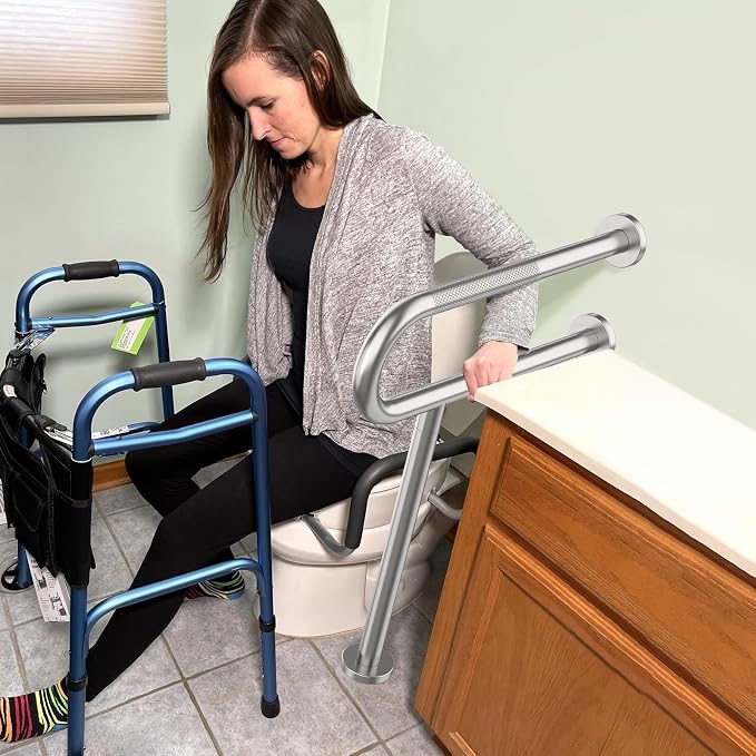 Toilet Support Rail 24 Inch, Munzong Anti-Slip Satin Brushed Nickel Handicap Grab Bar for Bathroom, Stainless Steel Knurled Safety handrails with Leg for Elderly Disabled Pregnant-1.25’Tube