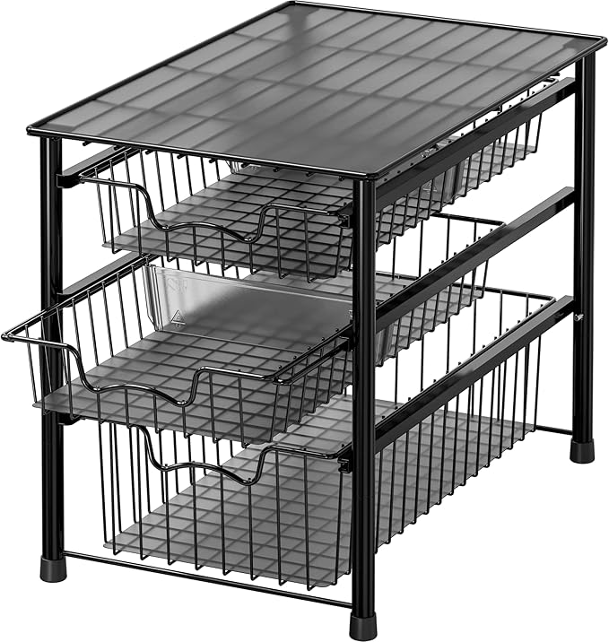 Simple Houseware Stackable 3 Tier Sliding Basket Organizer Drawer, Black