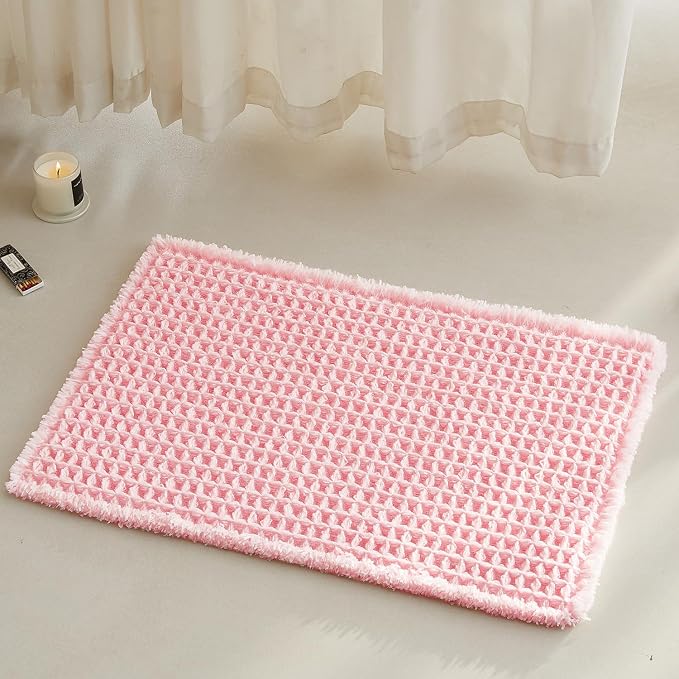 TYUU Light Peachy Pink Bathroom Rugs, Waffle Bath Mat Non Slip Washable Quick Dry Cute Bath Mat Boho Farmhouse Bathroom Decor, 24"x16" Light Peachy Pink