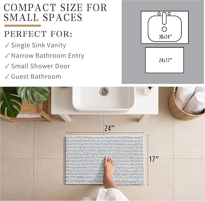 Yimobra Bathroom Rugs Non Slip Washable - Ultra Soft Absorbent Chenille Bath Mat, Quick Dry Shaggy Floor Carpet for Tub Shower, Silver Home Decor Accessories, 24x17 Inch