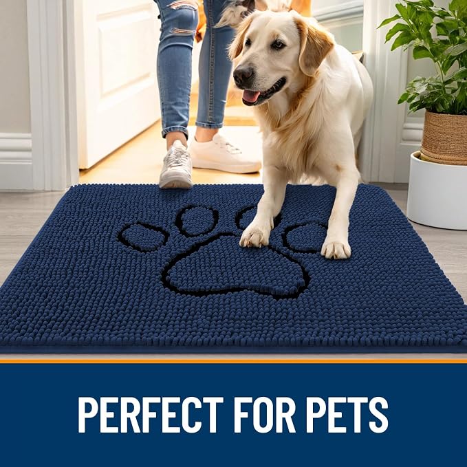 OLANLY Dog Door Mat for Muddy Paws 30x20, Paw Print Design, Absorbs Moisture and Dirt, Absorbent Non-Slip Washable Doormat, Quick Dry Chenille Mud Mat for Dogs, Entry Indoor Entryway Carpet, Dark Blue