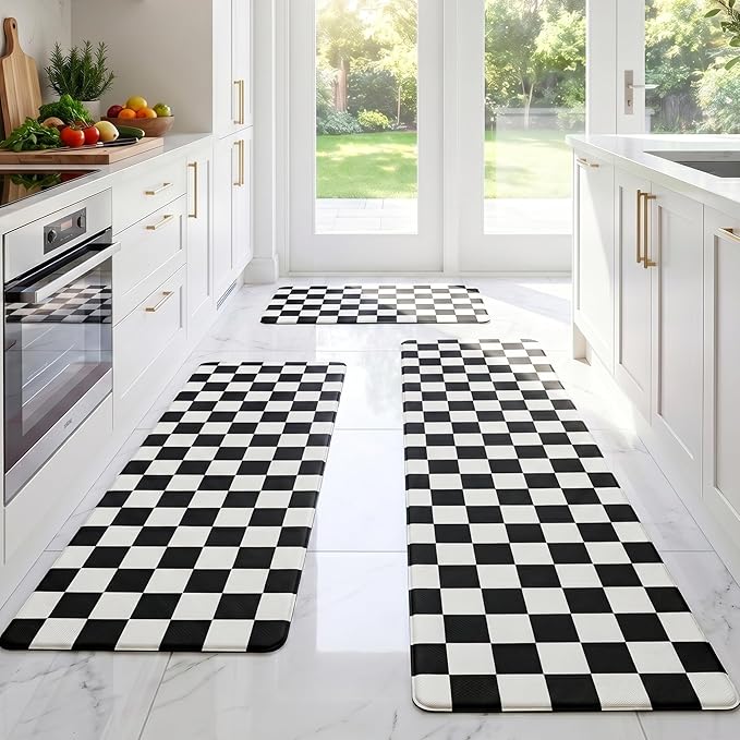 Black Checkered Grid Checkerboard Kitchen Rug Sets [3 PCs], Anti-Fatigue, Waterproof Non-Slip Kitchen Mats Heavy Duty Ergonomic Comfort Foam Rug for Floor, Home, Laundry,17" Wx29/47/59“L