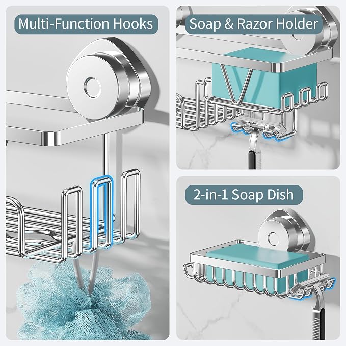 KEGII Suction Cup Shower Caddy – 3 Pack Suction Cup Shelf with Soap Holder & Hooks, Rustproof Stainless Steel Shower Organizer Rack, Removable No Drilling Bathroom Storage Rack, Silver