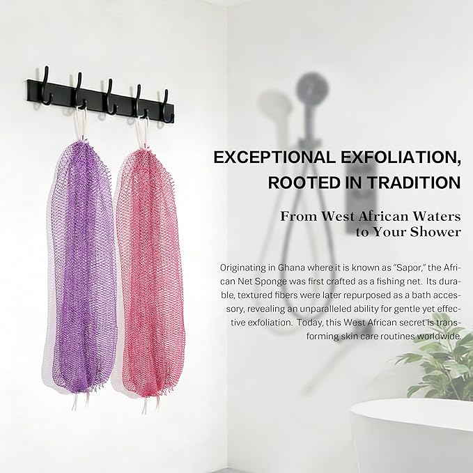 UJFQBH African Net Sponge Authentic 2-Pieces Exfoliating Body Scrubber for Shower & Bath, Deep Cleansing Lather for Dead Skin Removal, Back Scrubber for Women & Men (Pink 、Purple