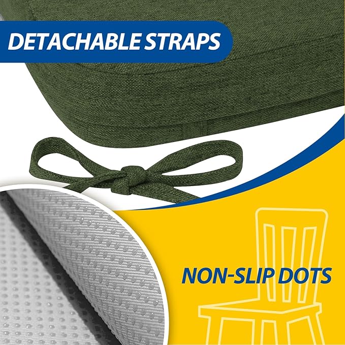 AAAAAcessories D-Shaped Chair Cushions, 2" Thick Dining Chair Pads with Ties and Removable, Machine-Washable Cover, 17" x 16", Set of 2, Dark Olive Green