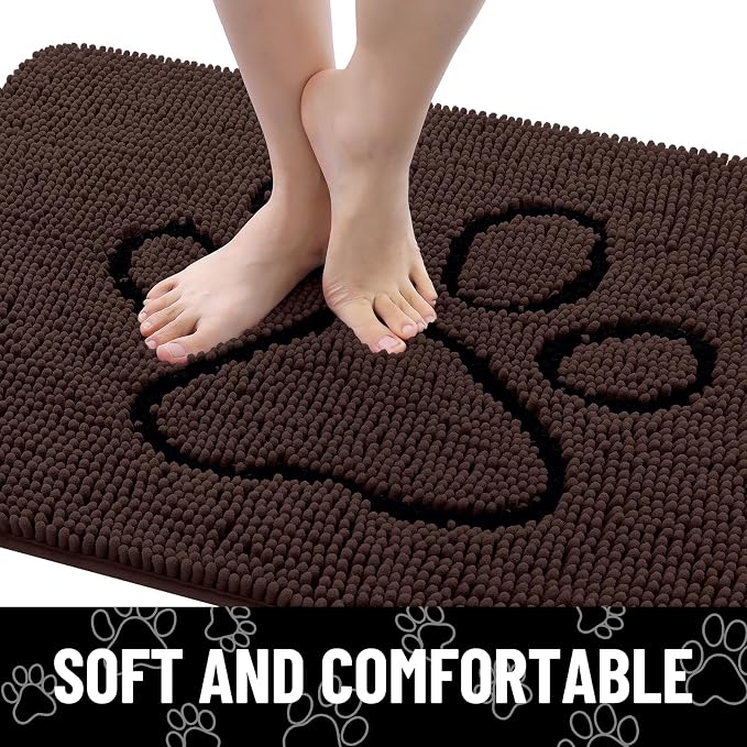 Smiry Dog Door Mat for Muddy Paws, Absorbent Dirt Trapper Non Slip Quick Dry Washable Chenille Mat for Mud Dogs, Entry Rug for Indoor and Outdoor (47x32 Inches, Brown and Black)