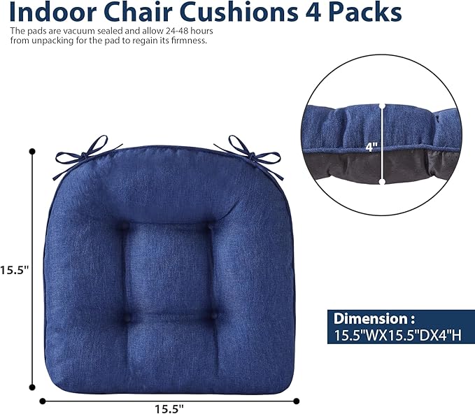 IASEAHK Chair Cushions for Dining Chairs, Seat Cushions for Kitchen Chairs, Indoor Seat Cushions with Ties, Tufted Foam Chair Pads, Non Slip Chair Cushions Set of 6, 15.5" x 15.5" x 4", Navy Blue