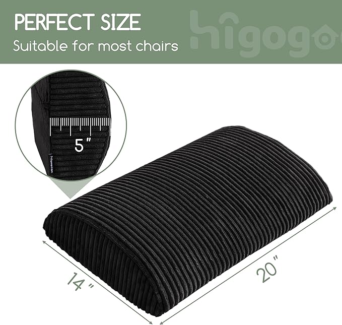 HIGOGOGO Lumbar Support Pillow for Recliner Chair/Accent Chair/Couch, Large Memory Foam Back Support Cushion for Elderly, Recliner Cushions for Back Rest, Pain Relief, Reading, Washable Cover, Black