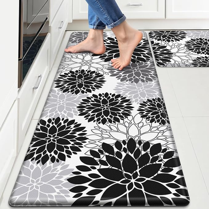 StepLively Kitchen Mats for Floor 2PCS, 0.47" Anti Fatigue Mats for Kitchen Floor, Kitchen Accessories for Sink, Office, Laundry, 17.3"×30"+17.3"×47", White and Black