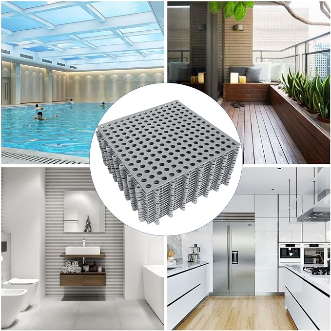 16 Pack 11.8" x 11.8" Interlocking Rubber Floor Tiles Soft PVC Non Slip Shower Floor Mat Pool Bathtub Drain Tiles for Flooring, Drainage Mats for Pool, Deck, Patio, Basement, Kennel, Poultry, Grey