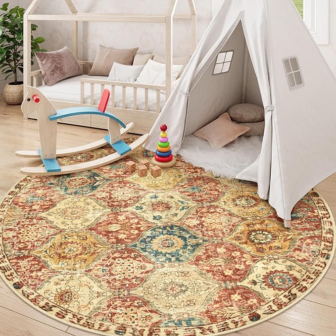 Lahome Moroccan Trellis Washable Round Area Rug, Round Rug 5ft Soft Non-Slip, Non-Shedding Distressed Circle Carpet for Bedroom Living Room Bathroom Nursery Kitchen Elise, Red/Orange