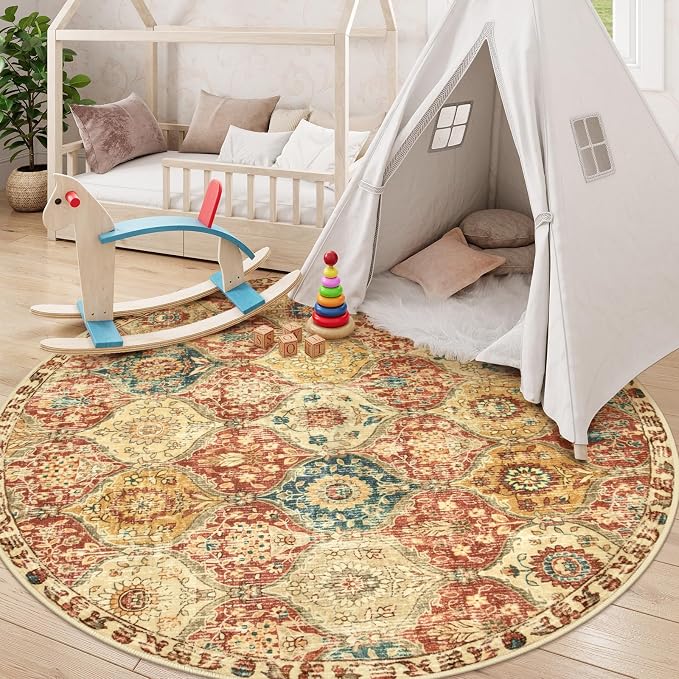 Lahome Moroccan Trellis Washable Round Area Rug, Soft Round Rugs 6ft Ultra-Thin Non-Slip, Vintage Large Circle Carpet for Bedroom Living Room Kitchen Nursery Elise, Red/Orange