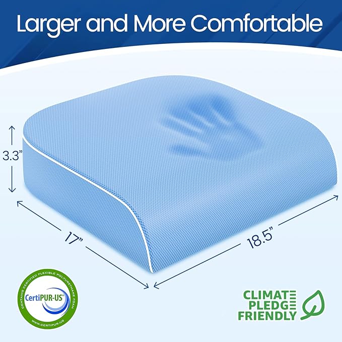 SweetSlubr Seat Cushion for Tailbone Pain Relief, Office Chair Cushion, Memory Foam Large Chair Cushion with Non-Slip Cover for Soft Support at Office Chair, Car Seat, Airplane Light Blue/X-Large